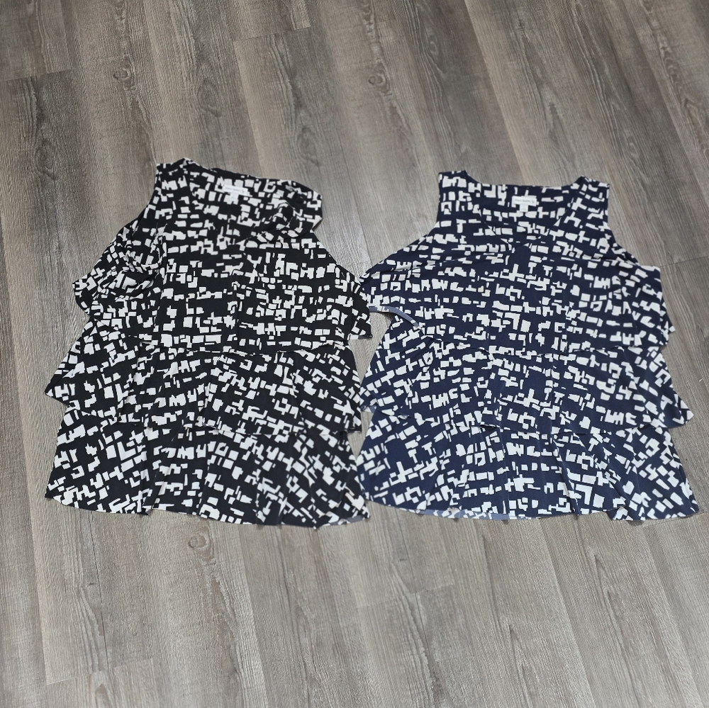 two Susan Graver black and blue and white sleeveless  layered blouse size large